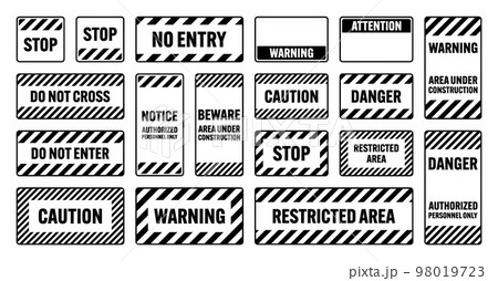 Various black warning signs with diagonal lines. Attention, danger or caution sign, construction site signage. Realistic notice signboard, warning banner, road shield. Vector illustration 98019723
