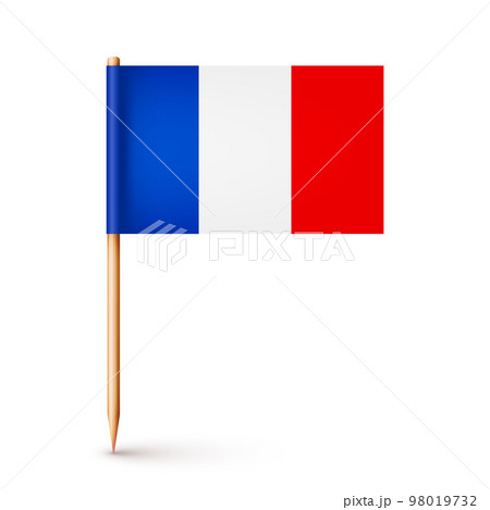Realistic French toothpick flag. Souvenir from France. Wooden toothpick with paper flag. Location mark, map pointer. Blank mockup for advertising and promotions. Vector illustration Realistic French toothpick flag. Souvenir from France. Wooden toothpick with paper flag. Location mark, map pointer. Blank mockup for advertising and promotions. Vector illustration 98019732