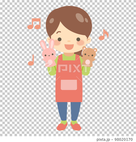 ウサギとクマのパペットを持って歌う女性の保育士さん 98020170