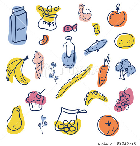 Food icons. Vegetables, fruits, fish, drinks, sweets. Contour drawing with colored spots. For menus of restaurants, shops and printing. Vector cartoon Illustration 98020730