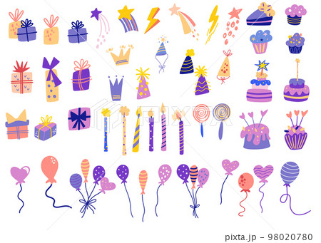 Birthday items. Sweet celebration cupcakes, ribbons, colorful balloons and birthday gifts. Cartoon Carnival elements big set. Everything for a holiday, party and birthday. Vector Illustration. 98020780