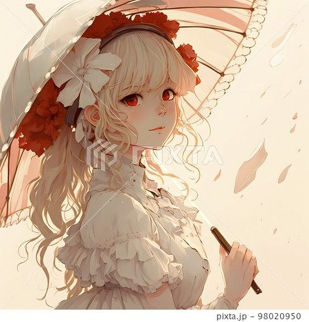 日傘を差し、白いフリルのワンピースを着た女性「AI生成画像」 98020950