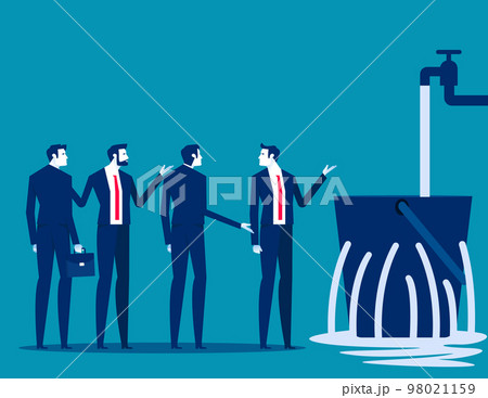 Team with leaking bucket. Business meeting vector illustration Team with leaking bucket. Business meeting vector illustration 98021159