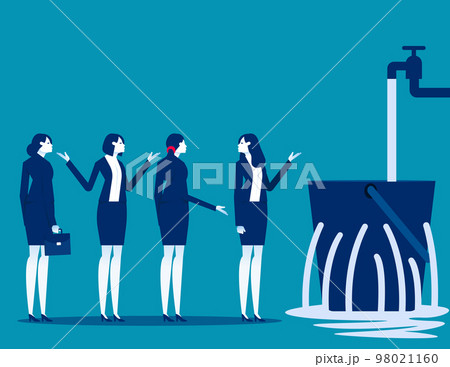 Team with leaking bucket. Business meeting vector illustration Team with leaking bucket. Business meeting vector illustration 98021160