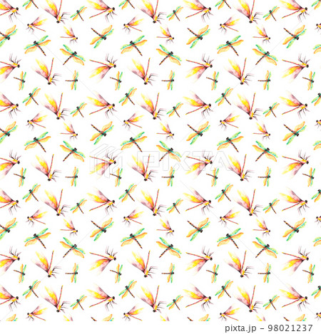 Dragonflies. Watercolor seamless pattern with dragonflies. Wildlife illustration. Watercolor pattern on white background. For the design of the wallpaper or fabric. Flower painting for summer. Dragonflies. Watercolor seamless pattern with dragonflies. Wildlife illustration. Watercolor pattern on white background. For the design of the wallpaper or fabric. Flower painting for summer. 98021237
