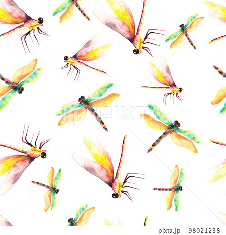 Dragonflies. Watercolor seamless pattern with dragonflies. Wildlife illustration. Watercolor pattern on white background. For the design of the wallpaper or fabric. Flower painting for summer. Dragonflies. Watercolor seamless pattern with dragonflies. Wildlife illustration. Watercolor pattern on white background. For the design of the wallpaper or fabric. Flower painting for summer. 98021238