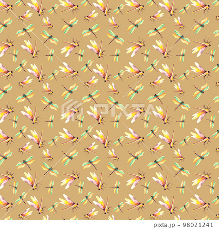 Dragonflies. Watercolor seamless pattern with dragonflies. Wildlife illustration. Watercolor pattern on dark yellow background. For the design of the wallpaper or fabric. Flower painting for summer. Dragonflies. Watercolor seamless pattern with dragonflies. Wildlife illustration. Watercolor pattern on dark yellow background. For the design of the wallpaper or fabric. Flower painting for summer. 98021241