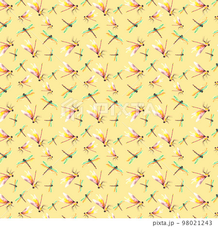 Dragonflies. Watercolor seamless pattern with dragonflies. Wildlife illustration. Watercolor pattern on yellow background. For the design of the wallpaper or fabric. Flower painting for summer. Dragonflies. Watercolor seamless pattern with dragonflies. Wildlife illustration. Watercolor pattern on yellow background. For the design of the wallpaper or fabric. Flower painting for summer. 98021243
