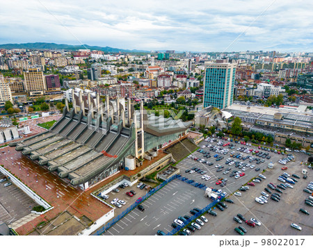 Pristina Modern City Center and Residential Buildings. Aerial View over Capital of Kosovo. Balkans. Europe.  98022017