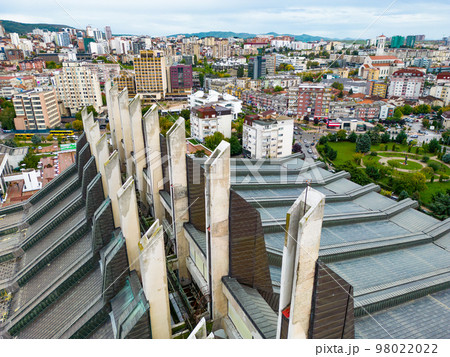 Pristina Modern City Center and Residential Buildings. Aerial View over Capital of Kosovo. Balkans. Europe. Pristina Modern City Center and Residential Buildings. Aerial View over Capital of Kosovo. Balkans. Europe. 98022022