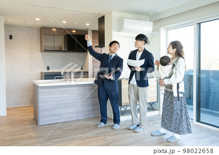内覧 新築マンションを見学する赤ちゃん連れの若い夫婦 内覧 新築マンションを見学する赤ちゃん連れの若い夫婦 98022658