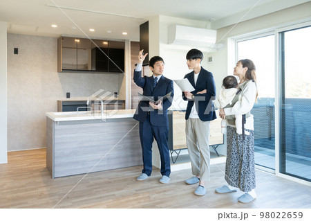 内覧 新築マンションを見学する赤ちゃん連れの若い夫婦 内覧 新築マンションを見学する赤ちゃん連れの若い夫婦 98022659