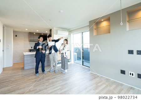 内覧 新築マンションを見学する赤ちゃん連れの若い夫婦 内覧 新築マンションを見学する赤ちゃん連れの若い夫婦 98022734