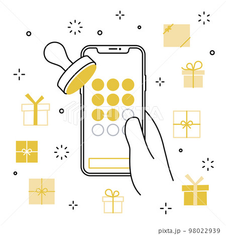 手に持ったスマートフォンのアプリ スタンプカード プレゼントのアイコンセット 98022939