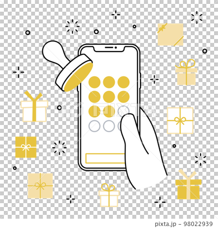 手に持ったスマートフォンのアプリ スタンプカード プレゼントのアイコンセット 98022939