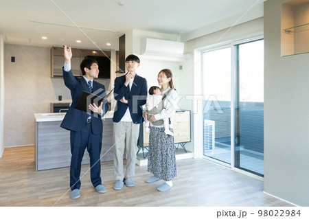 内覧　新築マンションを見学する赤ちゃん連れの若い夫婦 98022984