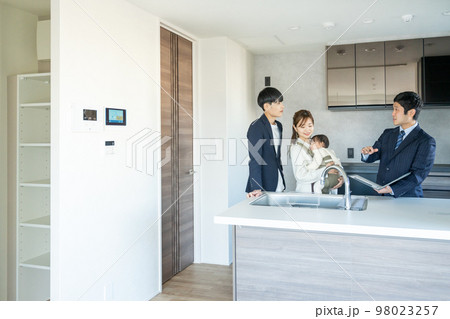 内覧　新築マンションのキッチンを見学する赤ちゃん連れの若い夫婦 98023257