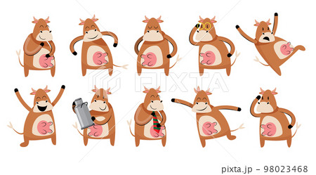 set of brown cow cartoon character vector illustration set of brown cow cartoon character vector illustration 98023468