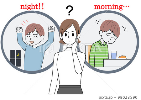 夜は元気で朝は元気がない子供を心配する母親 夜は元気で朝は元気がない子供を心配する母親 98023590
