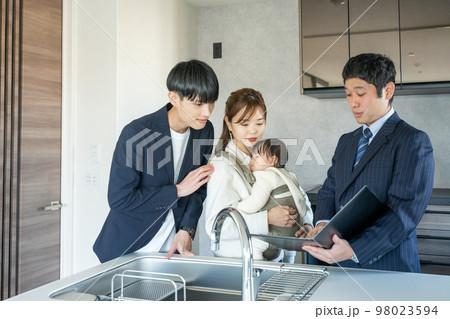 内覧　新築マンションのキッチンを見学する赤ちゃん連れの若い夫婦 98023594
