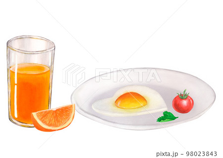 Fresh products for Breakfast: tomato, egg on the plate, a glass of orange juice. Hand drawn watercolor illustration isolated on white background 98023843