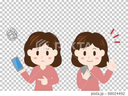 Illustration of a woman using a smartphone: smile and troubled face Illustration of a woman using a smartphone: smile and troubled face 98024492