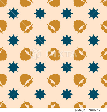 Christmas pattern. Vector seamless background with a beard, mustache, and stars. Festive design for poster backdrop, gift wrappers, textiles, and fabric. Gold and blue elements on the cream color. 98024798