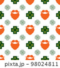 Seamless vector pattern with clover leaves, beards and mustaches. The St. Patrick's Day holidays backdrop. Colorful elements and outlines on the white. Background for decoration, packaging, and web. 98024811