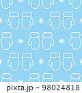 Cute mittens and snowflakes. White outlines on light blue background. Seamless vector pattern. Christmas background for festive designs, textile print, wrapping, decorations, banners, invitations. 98024818
