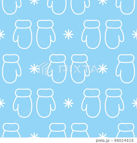 Cute mittens and snowflakes. White outlines on light blue background. Seamless vector pattern. Christmas background for festive designs, textile print, wrapping, decorations, banners, invitations. 98024818