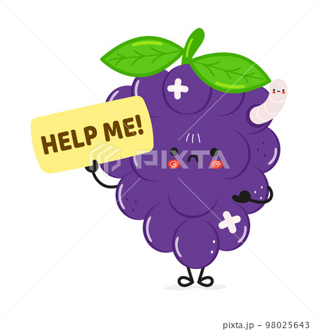 Cute sad sick grape asks for help character. Vector hand drawn cartoon kawaii character illustration icon. Isolated on white background. Suffering unhealthy grape character concept Cute sad sick grape asks for help character. Vector hand drawn cartoon kawaii character illustration icon. Isolated on white background. Suffering unhealthy grape character concept 98025643