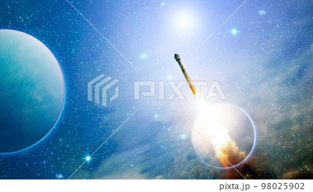 Shuttle launch in the clouds to outer space. Dark space with stars on background.Spaceship flight. Elements of this image furnished by NASA Shuttle launch in the clouds to outer space. Dark space with stars on background.Spaceship flight. Elements of this image furnished by NASA 98025902