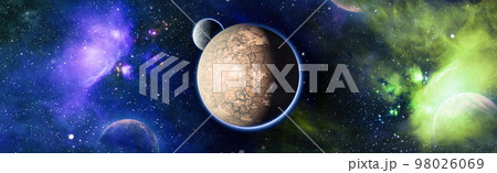 Planet and galaxy in a free space. Elements of this image furnished by NASA . Planet and galaxy in a free space. Elements of this image furnished by NASA . 98026069