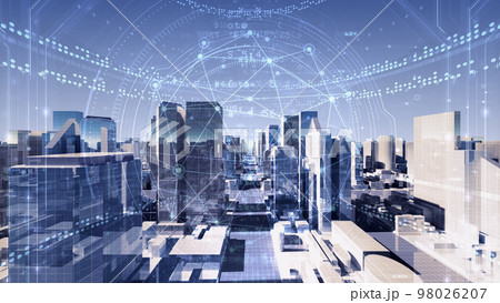 スマートシティ デジタル 人工知能 都市 街 ネットワーク テクノロジー 通信 3D イラスト 98026207