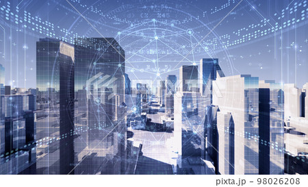 スマートシティ デジタル 人工知能 都市 街 ネットワーク テクノロジー 通信 3D イラスト 98026208