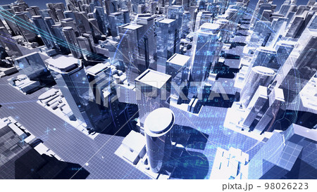 スマートシティ デジタル 人工知能 都市 街 ネットワーク テクノロジー 通信 3D イラスト 98026223