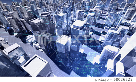 スマートシティ デジタル 人工知能 都市 街 ネットワーク テクノロジー 通信 3D イラスト 98026225