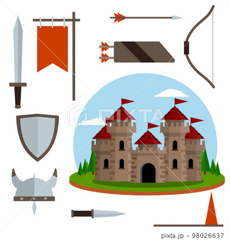 Medieval set of item. Old armor and knight weapons Medieval set of item. Old armor and knight weapons 98026637