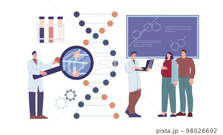 Genetic test for pregnancy couple. Pregnant woman, man and genetics scientists look DNA molecule structure. Baby and mother health vector concept 98026692