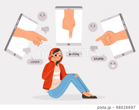 Internet bullying and intimidation crying female. Bullied teenager and aggressive online community. Cyberbullied on social media, snugly vector concept 98026697