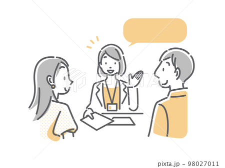 窓口で説明を受ける若い女性と男性　シンプルでお洒落な線画イラスト 98027011