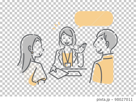 窓口で説明を受ける若い女性と男性　シンプルでお洒落な線画イラスト 98027011