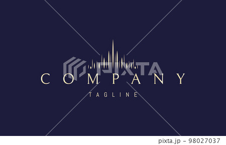 Vector golden logo on which an abstract image of the silhouette of the kingdom composed of sharp rays. 98027037