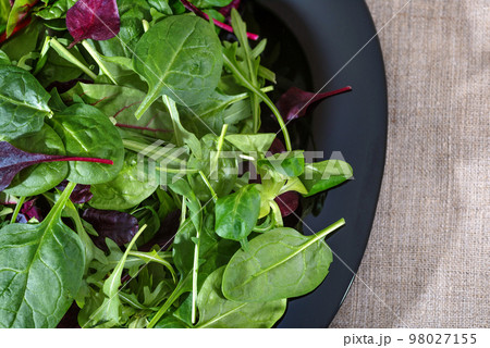 Fresh salad with arugula, romaine and spinach. A view from above Fresh salad with arugula, romaine and spinach. A view from above 98027155