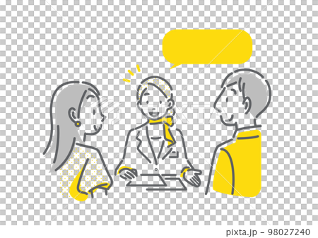 A young couple receiving an explanation from a female staff Simple and stylish line drawing illustration 98027240