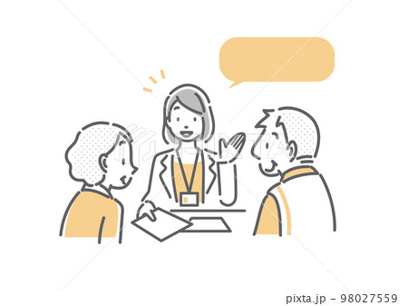 窓口で説明を受けるシニア夫婦　シンプルでお洒落な線画イラスト 98027559