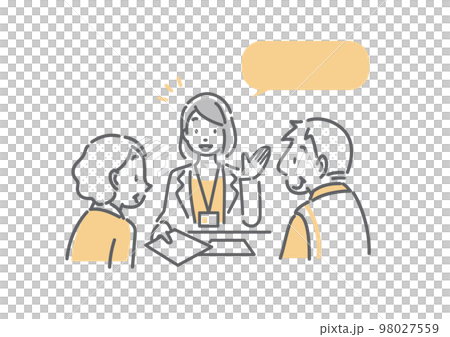 A senior couple receiving an explanation at the window Simple and stylish line drawing illustration 98027559