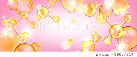 Gold collagen peptide background, 3D molecule background, jojoba oil lab cosmetic science banner. Gold collagen peptide background, 3D molecule background, jojoba oil lab cosmetic science banner. 98027814