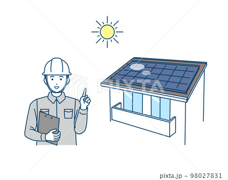 太陽光発電、ソーラーパネルについて説明する電気工事士のイラスト 98027831