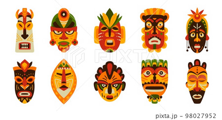 Tribal african masks, ethnic ritual tribe mask wood. Colourful tiki traditional symbols. Carnival totem art graphic, classy vector aboriginal elements 98027952